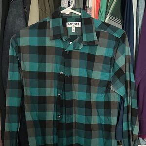 Express Men's Teal and Black Checkered Shirt